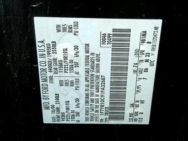 1FTYR10C91PA32687 - 2001 FORD RANGER BLACK photo 10