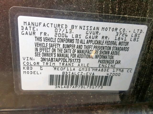 3N1AB7AP7DL751773 - 2013 NISSAN SENTRA S GRAY photo 10