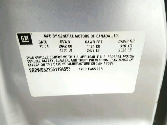 2G2WS522951194558 - 2005 PONTIAC GRAND PRIX SILVER photo 10