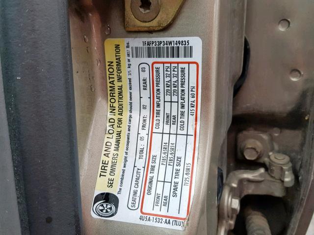 1FAFP33P34W149835 - 2004 FORD FOCUS LX GOLD photo 10