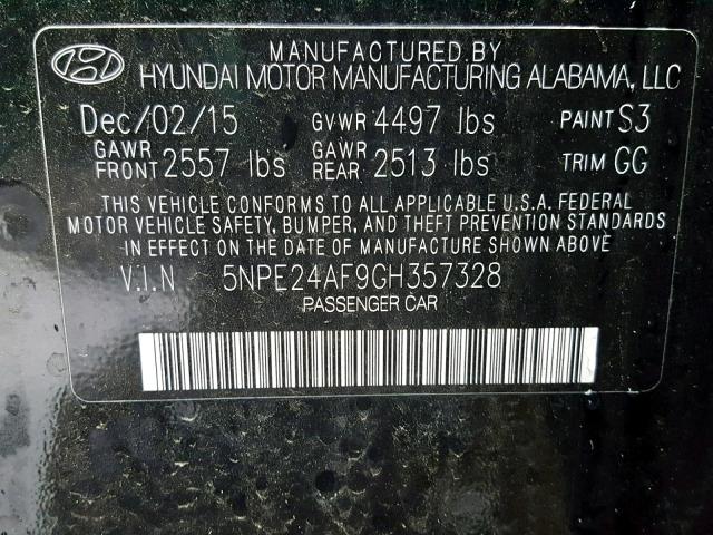 5NPE24AF9GH357328 - 2016 HYUNDAI SONATA SE შავი ფოტო 10