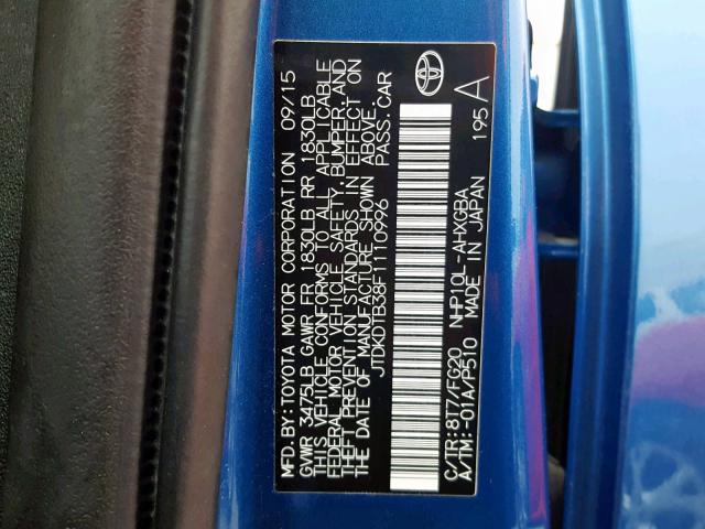 JTDKDTB38F1110996 - 2015 TOYOTA PRIUS C BLUE photo 10