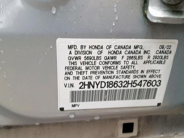 2HNYD18632H547603 - 2002 ACURA MDX TOURIN SILVER photo 10