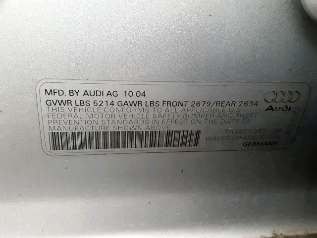 WAUDG74F65N057699 - 2005 AUDI A6 3.2 QUA SILVER photo 10