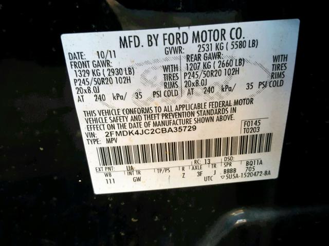 2FMDK4JC2CBA35729 - 2012 FORD EDGE SEL BLACK photo 10