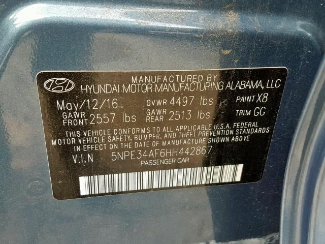 5NPE34AF6HH442867 - 2017 HYUNDAI SONATA SPO TEAL photo 10