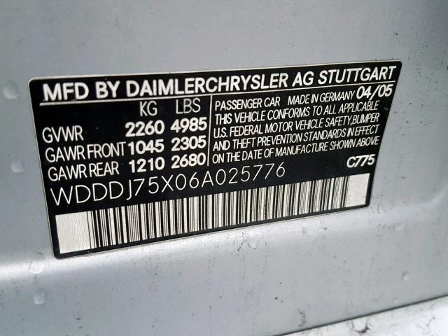 WDDDJ75X06A025776 - 2006 MERCEDES-BENZ CLS 500C SILVER photo 10