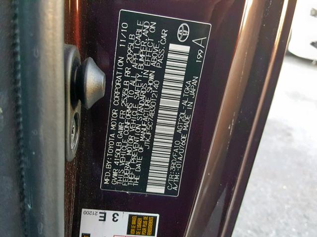 JTKJF5C74B3012140 - 2011 TOYOTA SCION TC 勃艮第红 照片 10