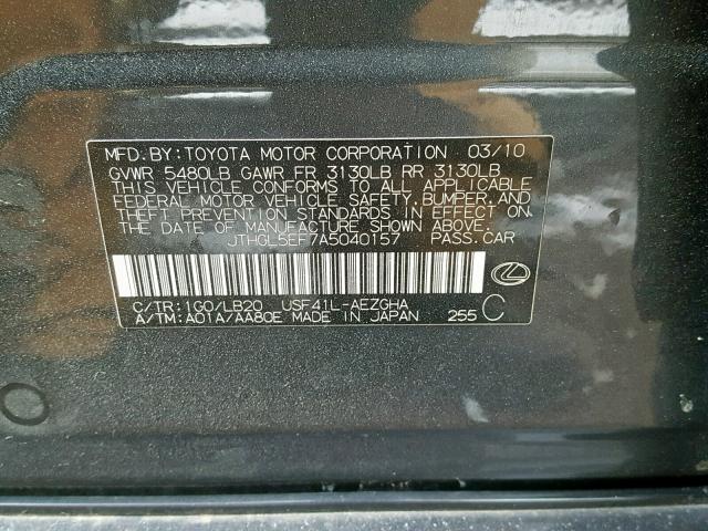 JTHGL5EF7A5040157 - 2010 LEXUS LS 460L GRAY photo 10