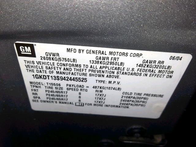 1GKDT13S942445525 - 2004 GMC ENVOY GRAY photo 10