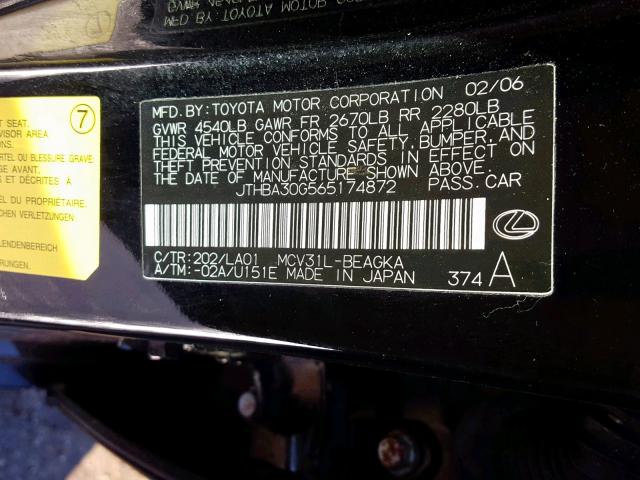 JTHBA30G565174872 - 2006 LEXUS ES 330 BLACK photo 10