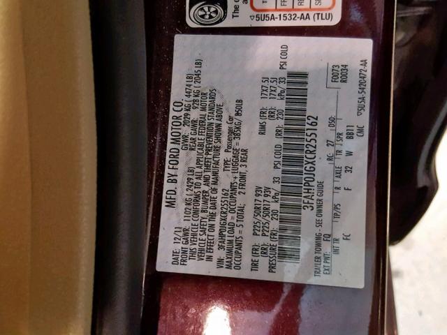 3FAHP0JGXCR255162 - 2012 FORD FUSION SEL MAROON photo 10