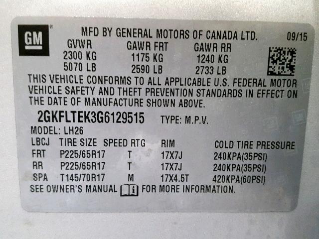 2GKFLTEK3G6129515 - 2016 GMC TERRAIN SL SILVER photo 10