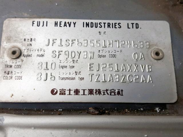 JF1SF63551H724633 - 2001 SUBARU FORESTER L SILVER photo 10