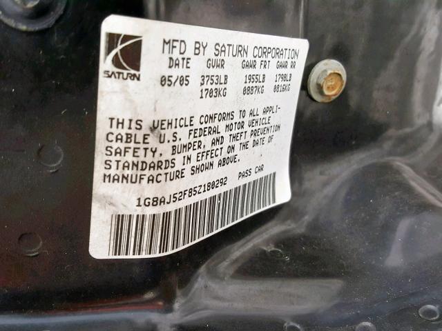 1G8AJ52F85Z180292 - 2005 SATURN ION LEVEL MAROON photo 10