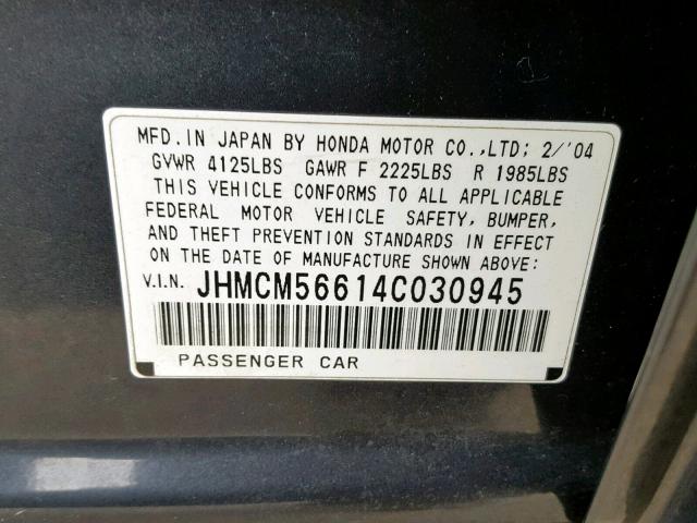 JHMCM56614C030945 - 2004 HONDA ACCORD EX CHARCOAL photo 10