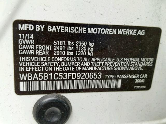 WBA5B1C53FD920653 - 2015 BMW 535 I WHITE photo 10