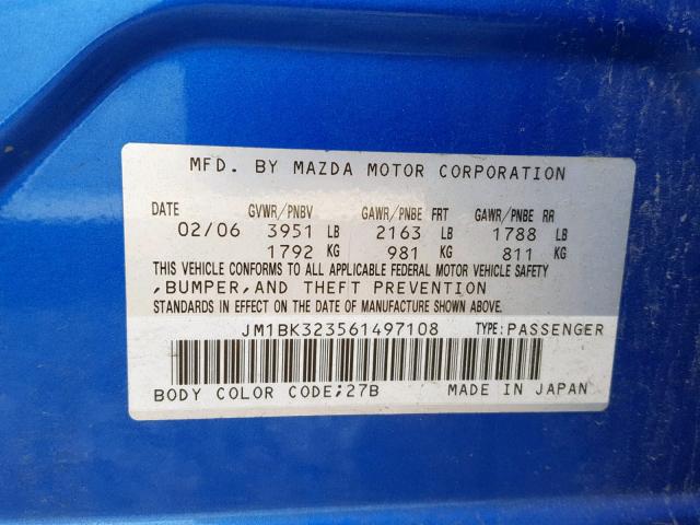 JM1BK323561497108 - 2006 MAZDA 3 S BLUE photo 10