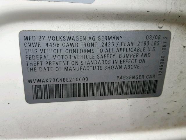 WVWAK73C48E210600 - 2008 VOLKSWAGEN PASSAT KOM WHITE photo 10