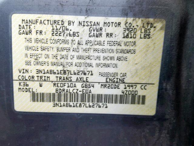 3N1AB61E87L627671 - 2007 NISSAN SENTRA 2.0 SILVER photo 10