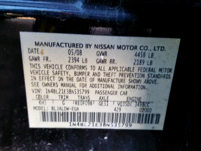 1N4BL21E38N535799 - 2008 NISSAN ALTIMA 3.5 BLACK photo 10