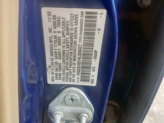 1HGES16314L008427 - 2004 HONDA CIVIC DX V BLUE photo 10