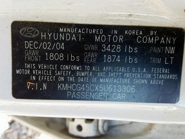 KMHCG45CX5U613306 - 2005 HYUNDAI ACCENT GL WHITE photo 10