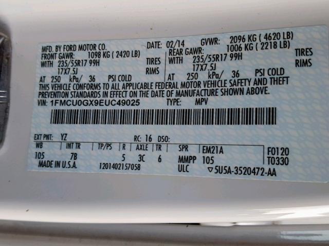 1FMCU0GX9EUC49025 - 2014 FORD ESCAPE SE WHITE photo 10