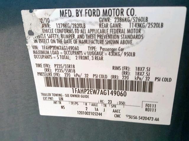 1FAHP2EW7AG149060 - 2010 FORD TAURUS SEL BLUE photo 10