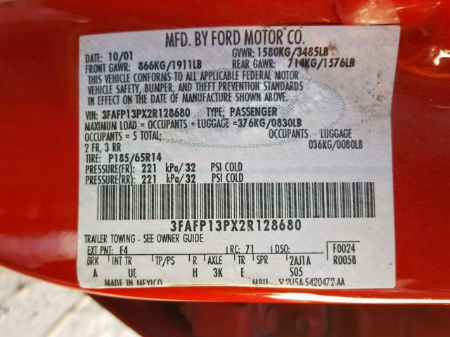 3FAFP13PX2R128680 - 2002 FORD ESCORT RED photo 10