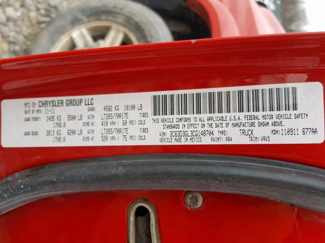 3C63D3GL3CG148704 - 2012 DODGE RAM 3500 S RED photo 10