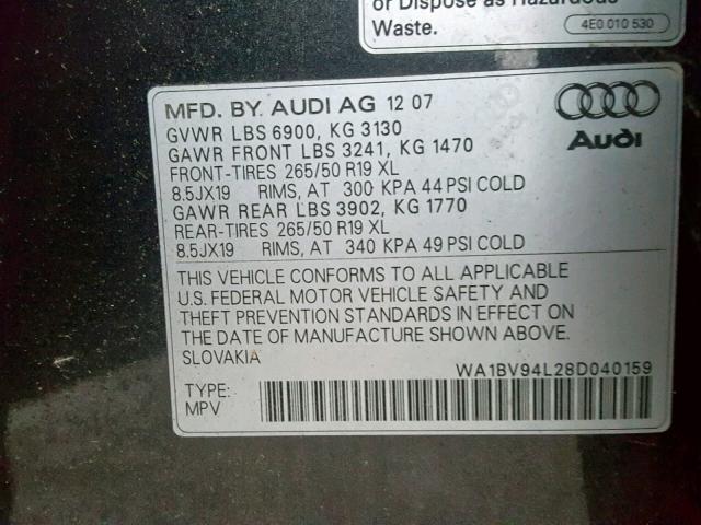 WA1BV94L28D040159 - 2008 AUDI Q7 4.2 QUA BLACK photo 10