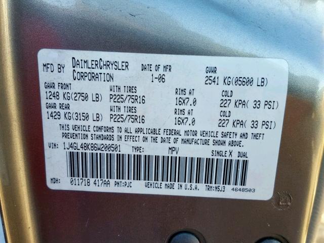 1J4GL48K86W200501 - 2006 JEEP LIBERTY SP Թուխ լուսանկար 10