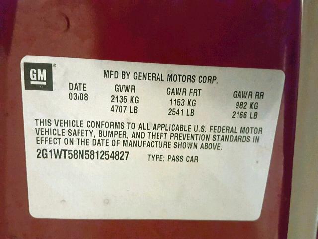 2G1WT58N581254827 - 2008 CHEVROLET IMPALA LT MAROON photo 10