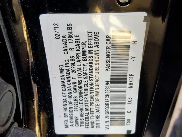 2HGFG3B18CH533194 - 2012 HONDA CIVIC EXL BLACK photo 10