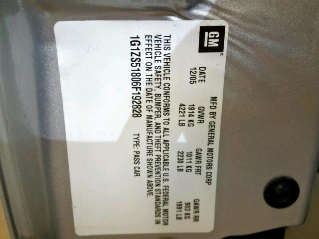 1G1ZS51806F192828 - 2006 CHEVROLET MALIBU LS SILVER photo 10