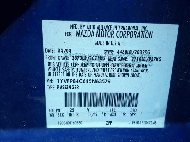 1YVFP84C645N63579 - 2004 MAZDA 6 I BLUE photo 10