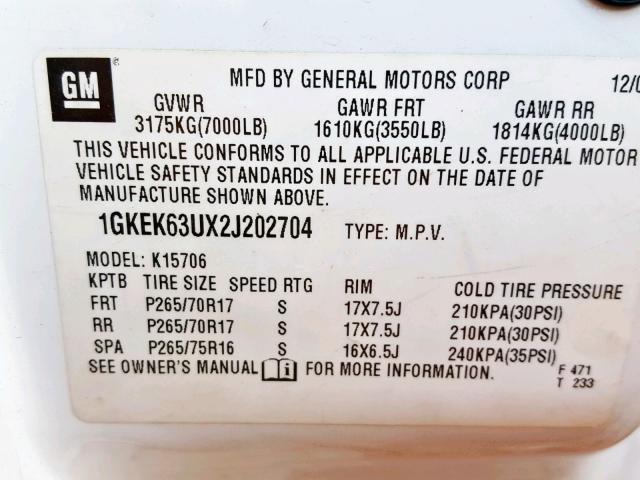 1GKEK63UX2J202704 - 2002 GMC DENALI WHITE photo 10