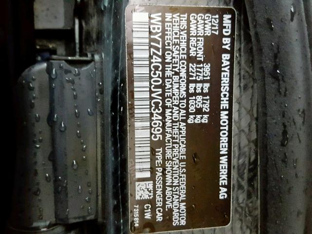 WBY7Z4C50JVC34695 - 2018 BMW I3 REX Синий фото 10