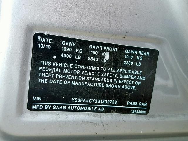 YS3FA4CY3B1302758 - 2011 SAAB 9-3 2.0T SILVER photo 10