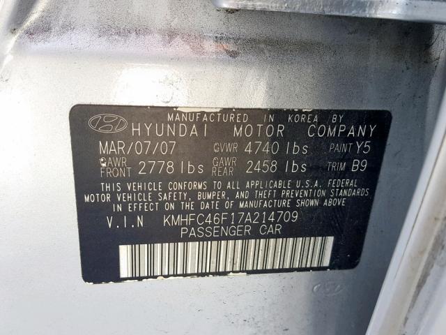 KMHFC46F17A214709 - 2007 HYUNDAI AZERA SE SILVER photo 10