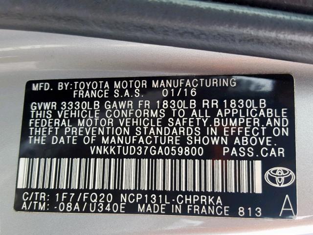 VNKKTUD37GA059800 - 2016 TOYOTA YARIS L SILVER photo 10