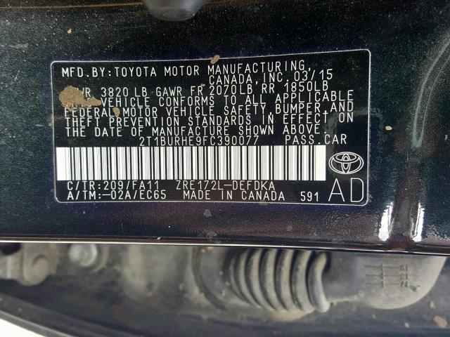 2T1BURHE9FC390077 - 2015 TOYOTA COROLLA L BLACK photo 10