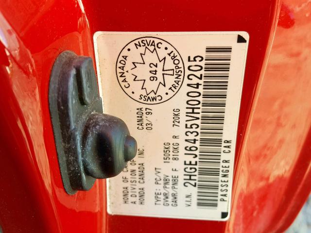 2HGEJ6435VH004205 - 1997 HONDA CIVIC CX RED photo 10