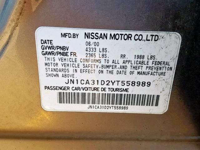 JN1CA31D2YT558989 - 2000 NISSAN MAXIMA GLE SILVER photo 10