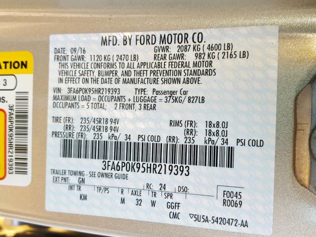 3FA6P0K95HR219393 - 2017 FORD FUSION TIT GOLD photo 10