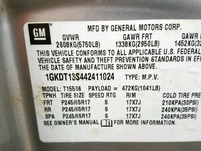 1GKDT13S442411024 - 2004 GMC ENVOY SILVER photo 10