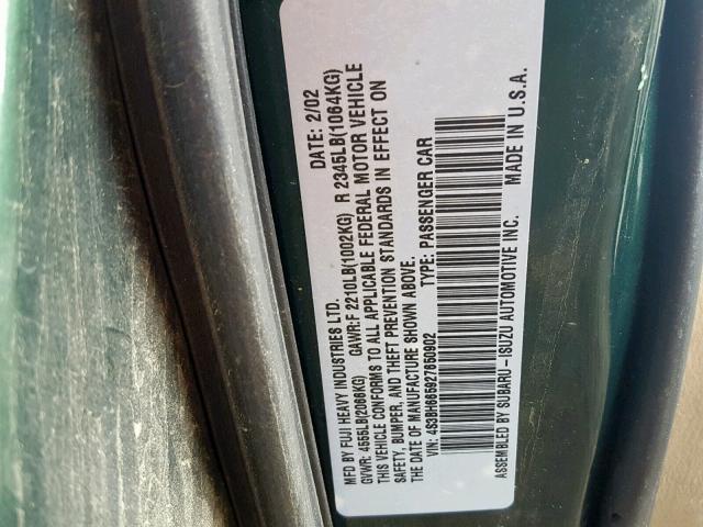 4S3BH665927650902 - 2002 SUBARU LEGACY OUT GREEN photo 10