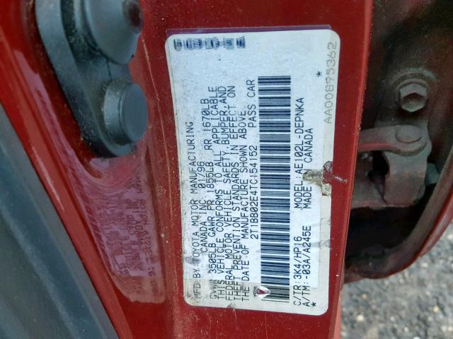 2T1BB02E4TC154152 - 1996 TOYOTA COROLLA DX RED photo 10