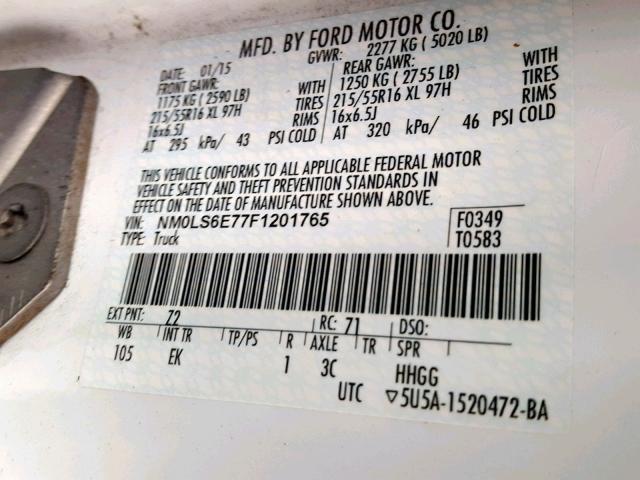 NM0LS6E77F1201765 - 2015 FORD TRANSIT CO WHITE photo 10